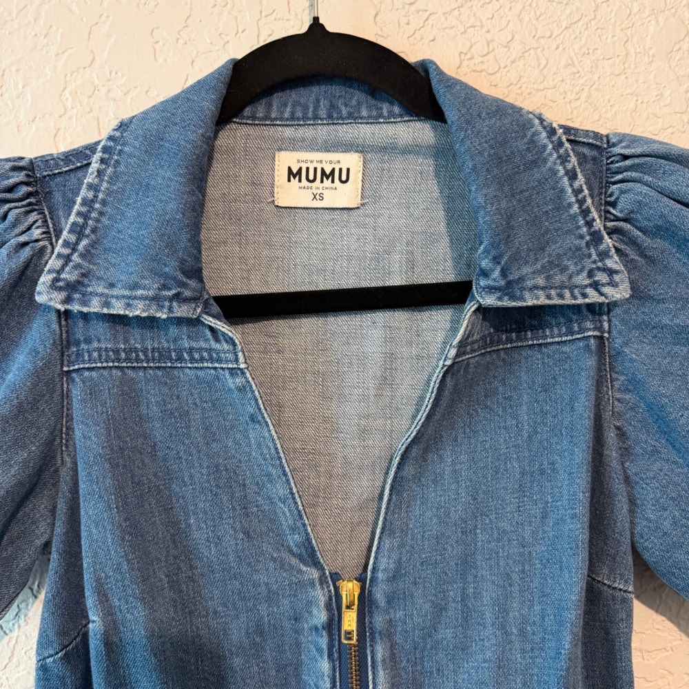 Show Me Your Mumu Denim Puff Sleeve Mini Dress XS Retro Western Blue Zip Front - Picture 4 of 5